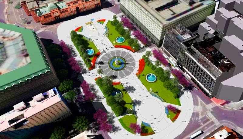 Plaza de Mayo após ampliação e novos espaços verdes